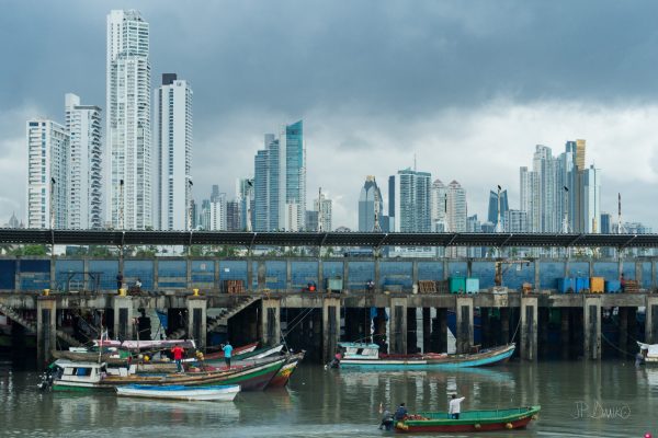 Fishing boats and city skyline of Panama City, Panama